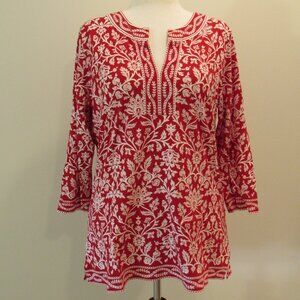 Talbots Vintage 100% Soft Cotton Red/White Floral Tunic Top XL